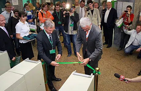 Yekaterinburg mayor Alexander Jacob (right) opens the NFC ticketing system