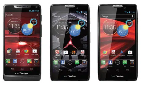 Motorola's Droid Razr M (left), Droid Razr HD (centre) and Droid Razr Maxx HD (right)
