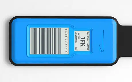 BA's NFC luggage tag shows a programmable barcode and destination information