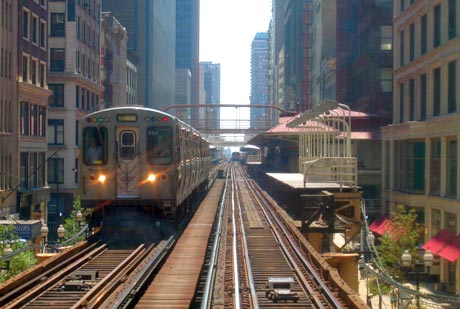 A CTA brown line train leaves Madison/Wabash station in the Chicago loop