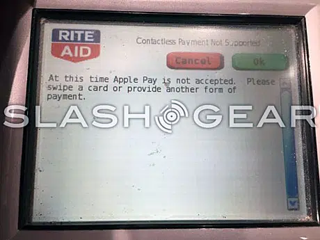 A Rite Aid POS terminal rejects an Apple Pay transaction
