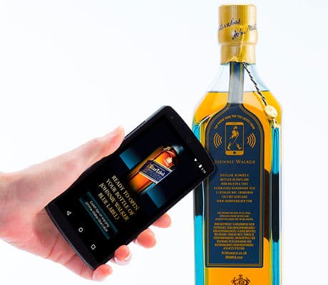Diageo Johnnie Walker Blue Label whisky bottle with Thinfilm OpenSense NFC tag