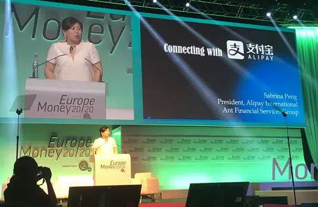 Alipay's Sabrina Peng on stage at Money20/20