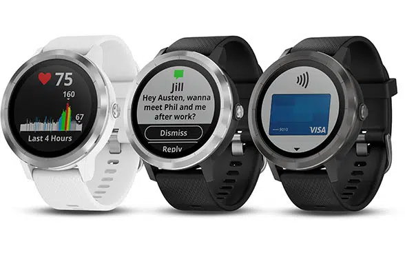 Garmin Vivoactive 3 smartwatches in three colours