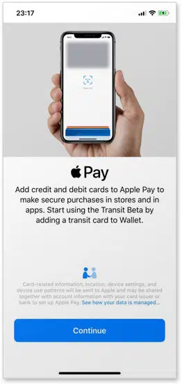 Users are invited to add a transit card to their Apple Wallet