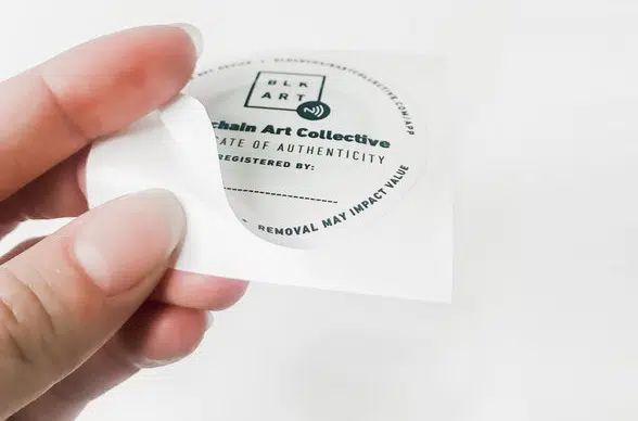 An NFC tag is used as a certificate of authenticity by the Blockchain Art Collective