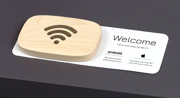 WiFi Porter is a maple puck with a built-in NFC tag that connects guests to your WiFI