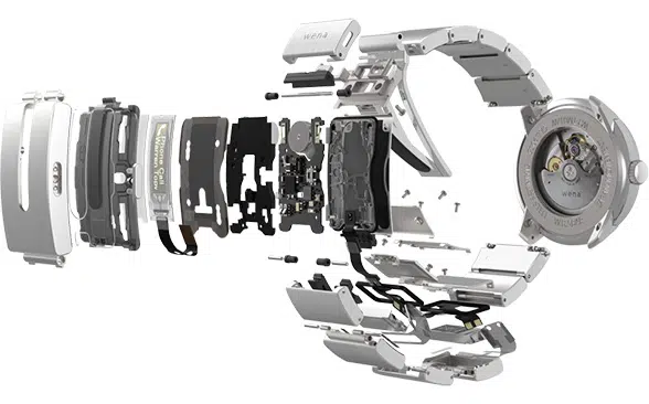 An exploded view of the Wena watch strap shows its internal components