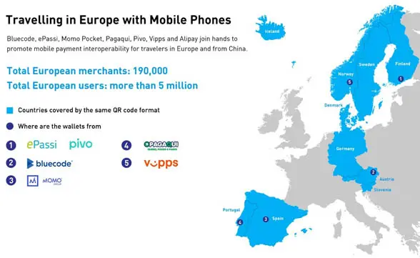 Map of western europe showing where Alipay QR code mobile wallets can be used