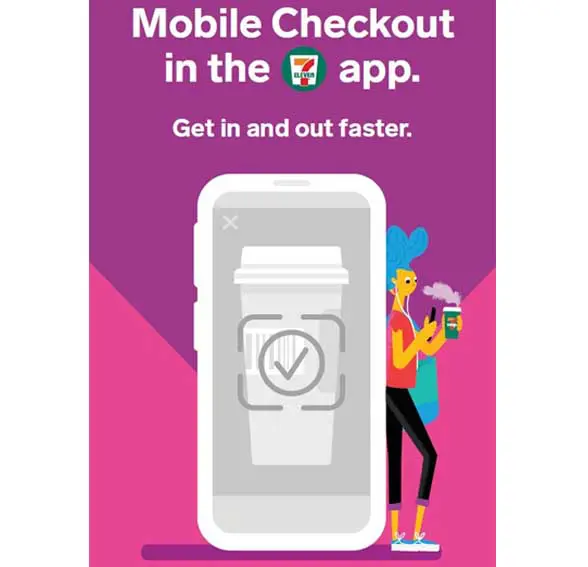 7-11 graphic of mobile phone with person leaning against it