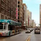 Tram on road in Detroit, USA
