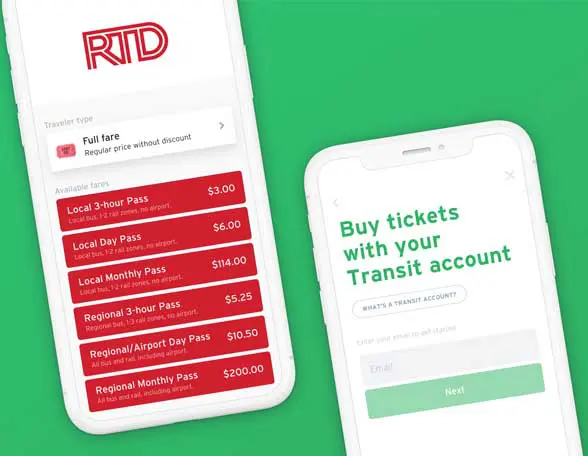 2 smartphone screens showing RTD Transit payment app