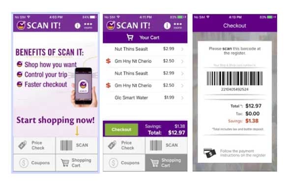 3 smartphone screens showing Ahold Delhaize scanit app