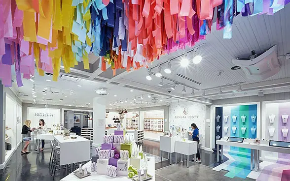 Inside of NFC shop with coloured ribbons hanging from ceiling