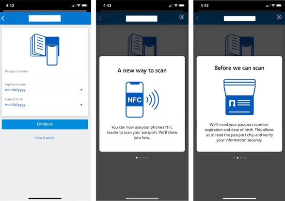 Screenshots showing how American Airlines NFC passport reading mobile app works