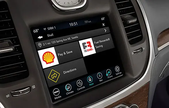A Fiat Chrysler dashboard shows how drivers can find and pay for fuel from inside their car