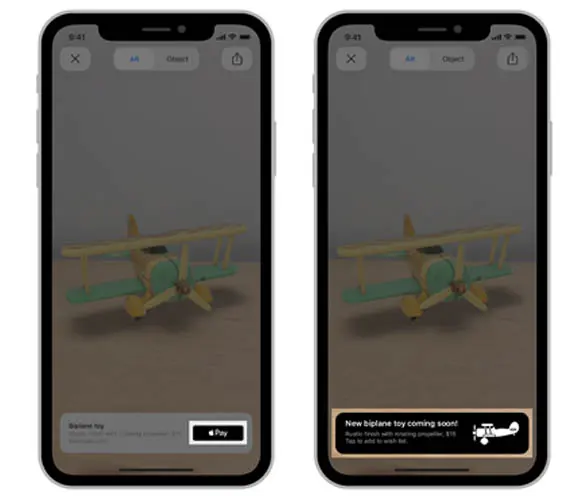 2 Apple phones showing AR Quick Look Custom Action feature 