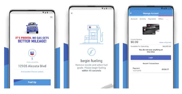 3 screenshots of Chevron mobile app