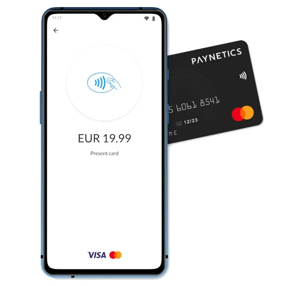 NFC Smartphone with Phos mPos app and Paynetics bank card app 