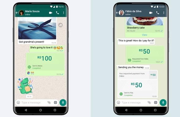 Smartphones showing how Facebook's WhatsApp payments works in Brazil