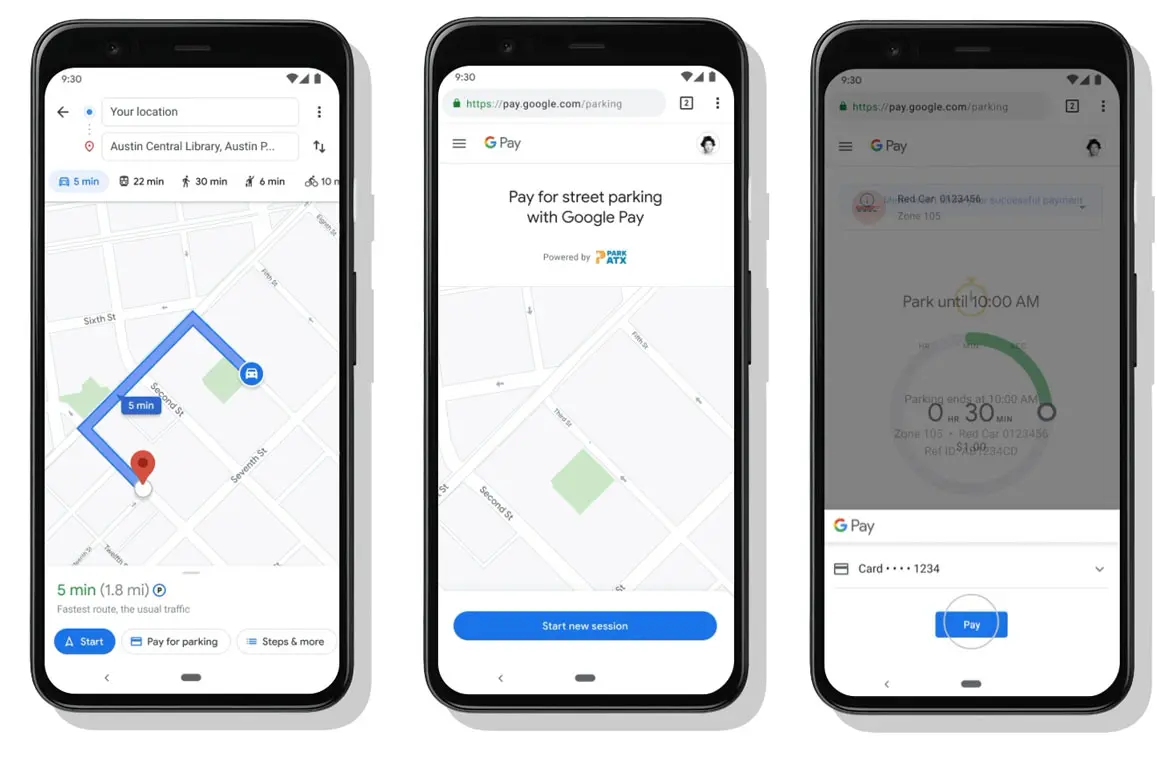 Google Maps pay to park in Austin on smartphone screens