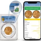 NFC smartphone held against NFC chip coin to verify authenticity