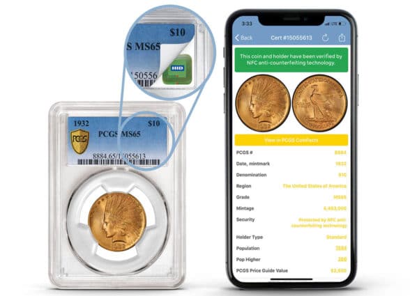 NFC smartphone held against NFC chip coin to verify authenticity