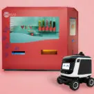 Piestro pizza vending machine and Kiwibot robot delivery van
