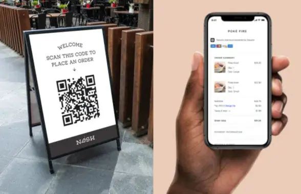 A board with QR code and smartphone showing Square self-order app