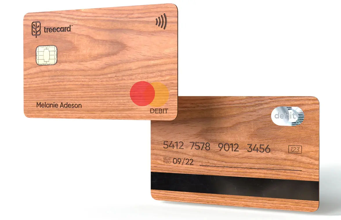 TreeCard contactless wooden debit and credit Mastercards