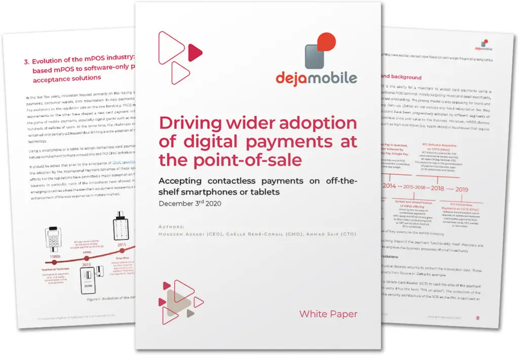 Pages from Dejamobile's ‘Driving wider adoption of digital payments at the point of sale: Accepting contactless payments on off-the-shelf smartphones or tablets’ white paper