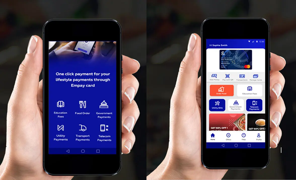 Smartphones showing Empay contactless NFC and QR mobile payments