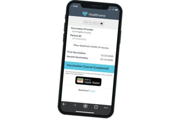 Los Angeles vaccination certificate in mobile wallet