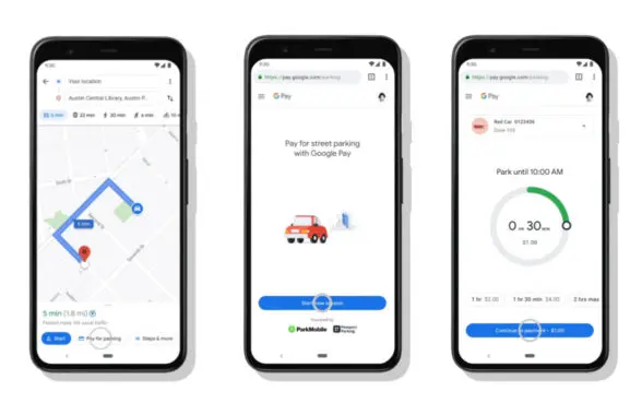 Screenshots showing Google Maps letting users pay for parking via Google Pay