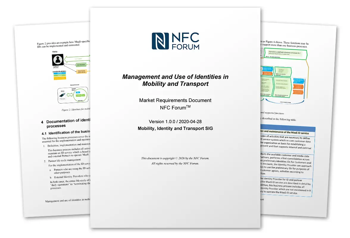 Pages from NFC Forum's ‘Management and Use of Identities in Mobility and Transport’