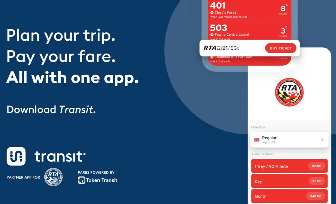 Central Maryland RTA Transit app for digital ticketing graphic