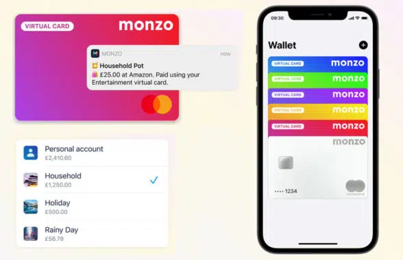 Monzo virtual debit card payments on smartphone 