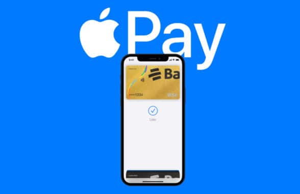 Apple Pay logo behind smartphone with Colombia Visa card