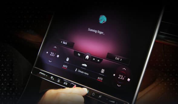 Mercedes dashboard with biometric fingerprint sensor for in-vehicle payments 