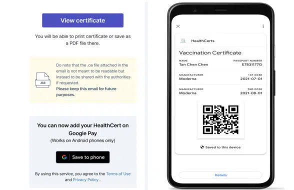 Singapore digital Covid vaccine certificates on Android smartphone