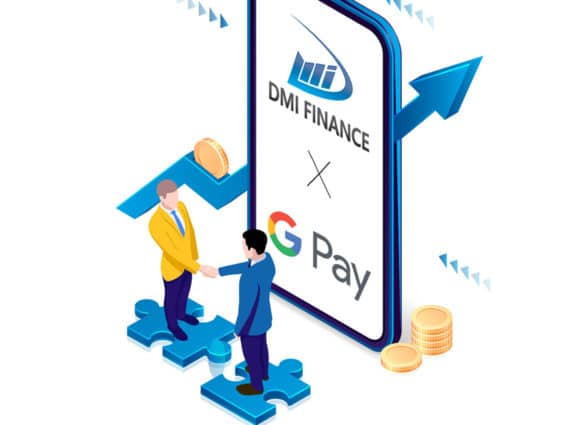 2 men shaking hands in front of a Google Pay phone advert and DMI Finance India in-app personal loans