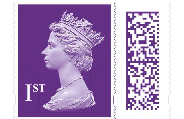 Royal Mail first class postage stamp with QR code