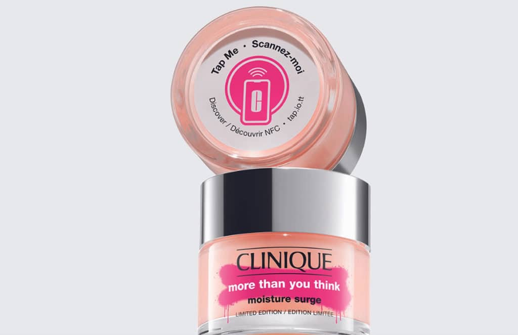 Clinique moisture surge skincare packaging with NFC for post-purchase customer engagement
