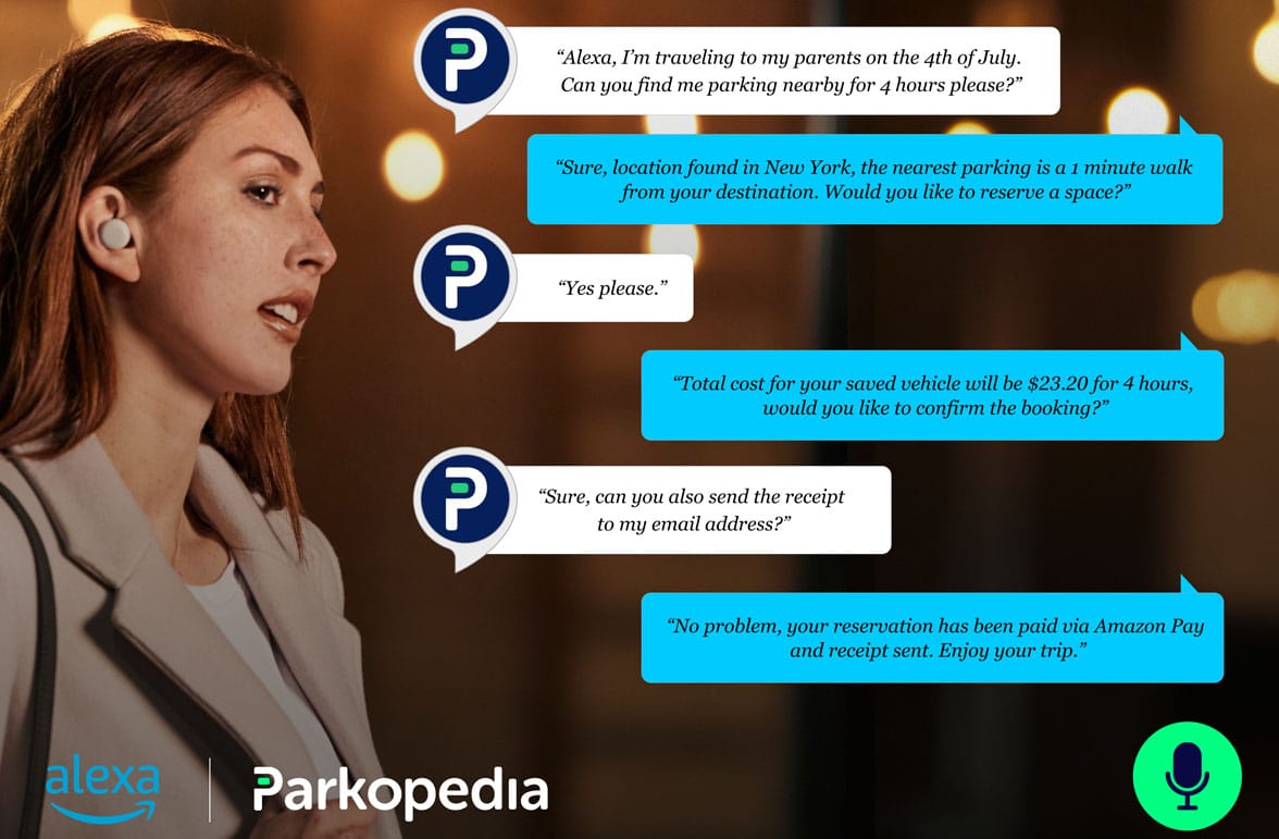 Woman giving commands to Alexa with speech bubbles
