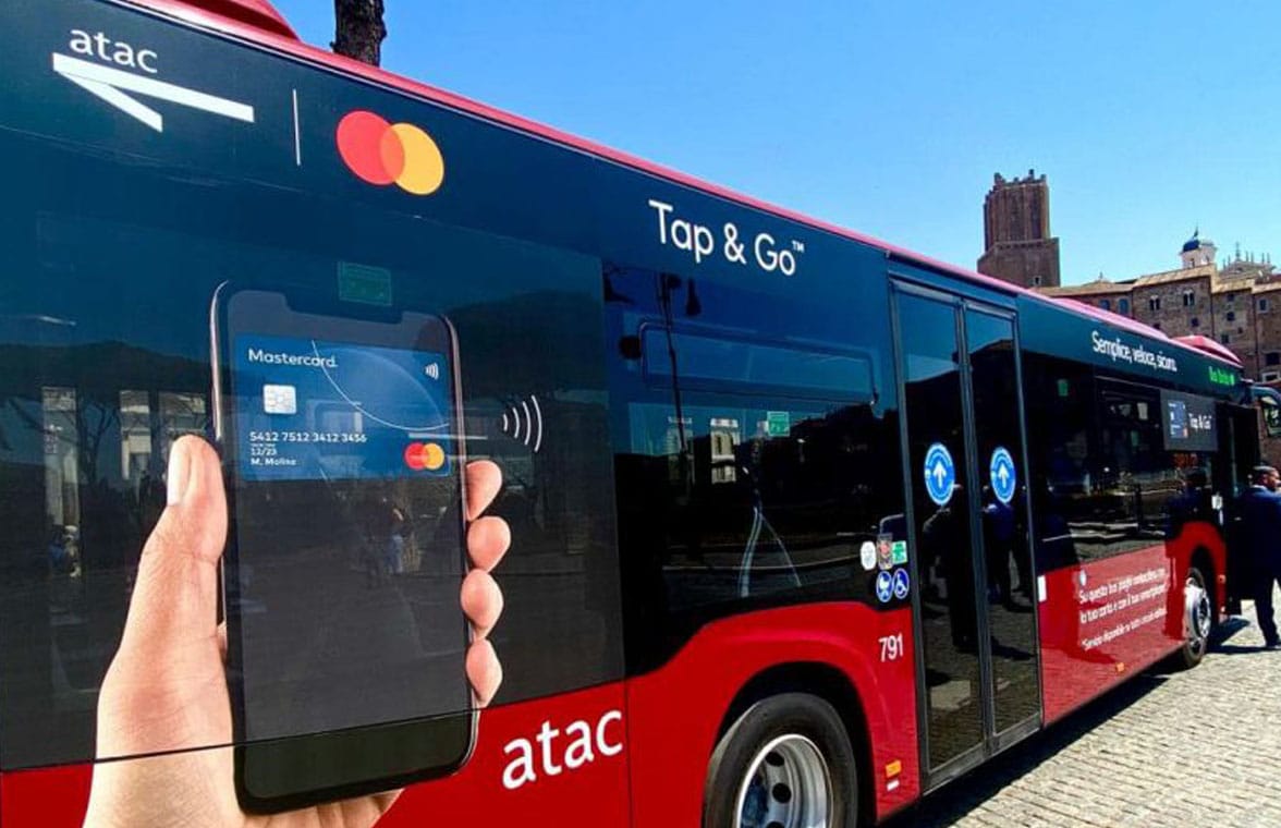 Atac Tap & go logo on bus promoting contactless fare payments in Rome 