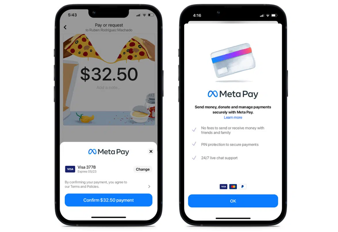 Meta Pay digital wallet on 2 smartphone screens for metaverse transactions