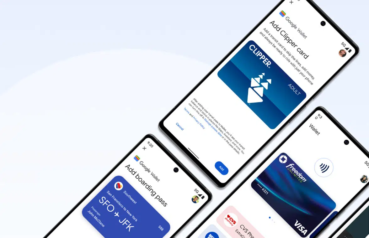 Smartphones at an angle showing Google Wallet