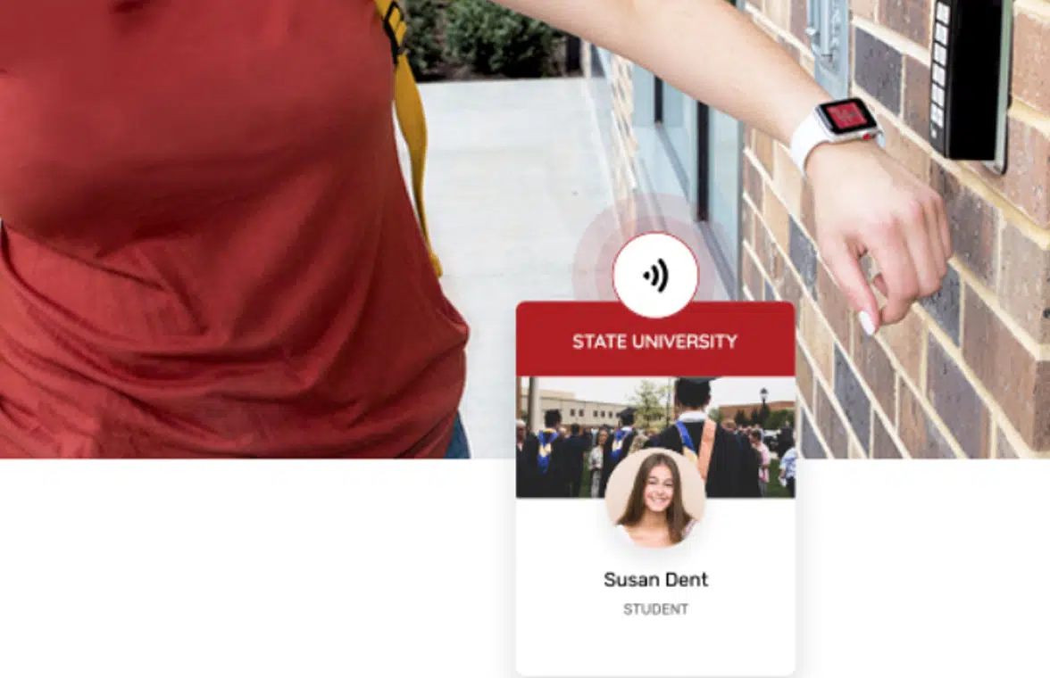 US student using smartwatch with NFC digital campus card