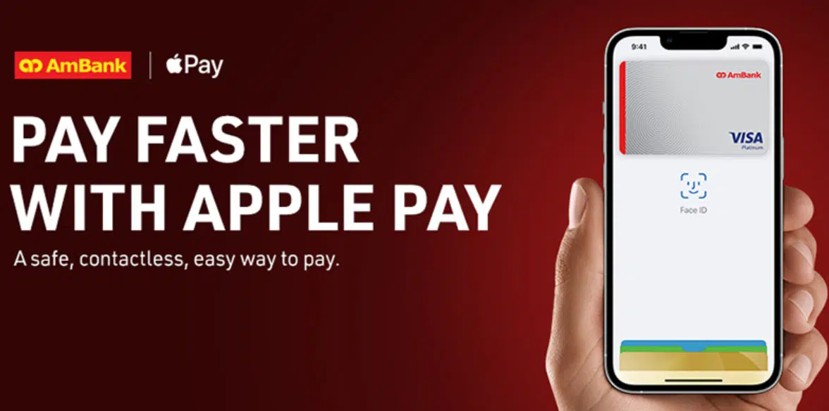 Apple Pay advert from AmBank Malaysia showing hand with smartphone and visa card 