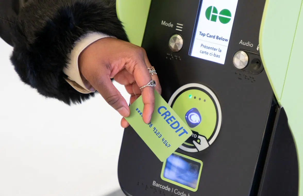 Presto card being used to make Metrolinx open loop contactless card ticket payment in Greater Toronto Area